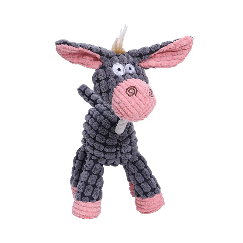 Plush donkey toy with pink ears and feet on a white background