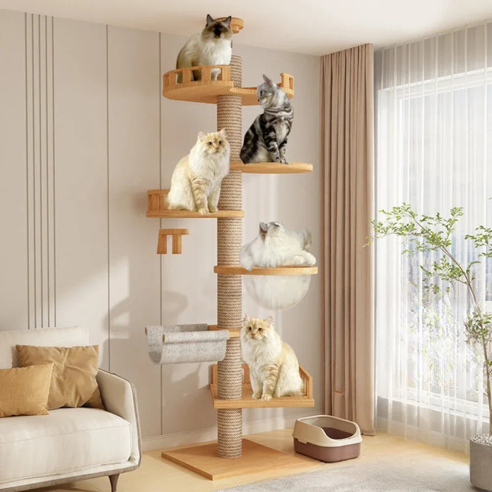 Cat tree with multiple cats on different levels in a living room. Minimalist cat furniture for large breeds