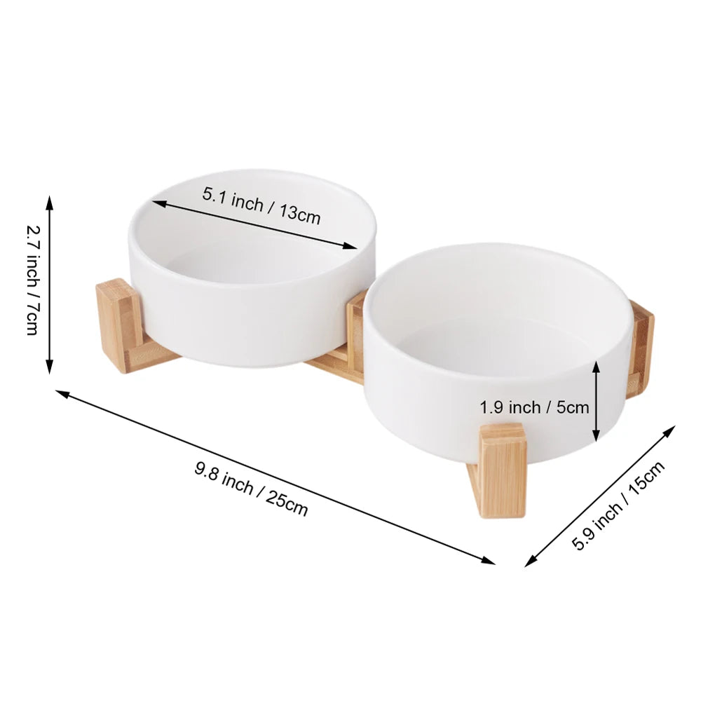 Measurement chart of a double bowl with wooden stand on a white background