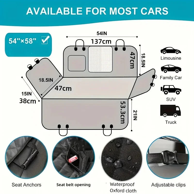 Car boot cover with dimensions and features for different car types on a white background.