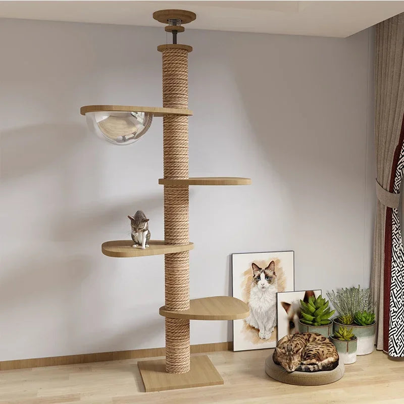 Cat tree with wooden shelves and a rope climbing area in a room setting .Modern indoor cat climbing frame UK