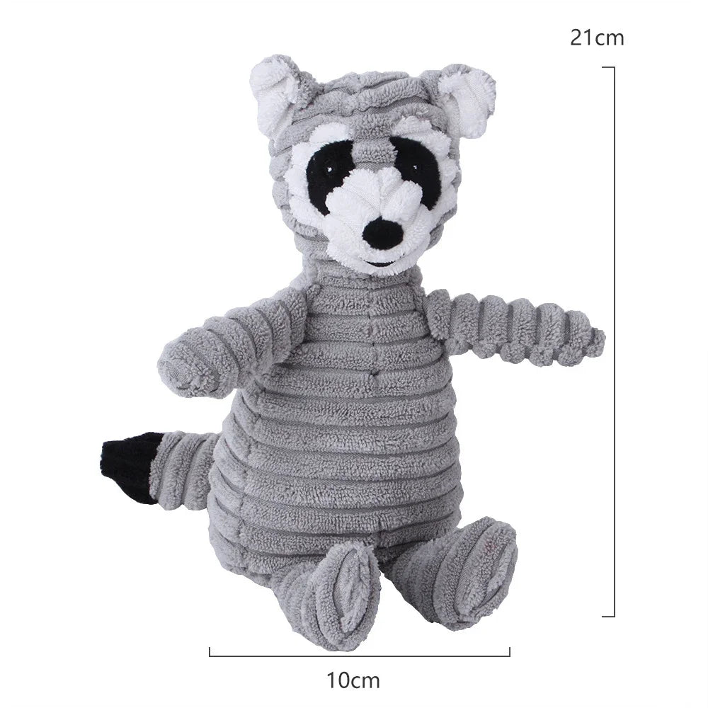 Plush toy raccoon with dimensions on a white background