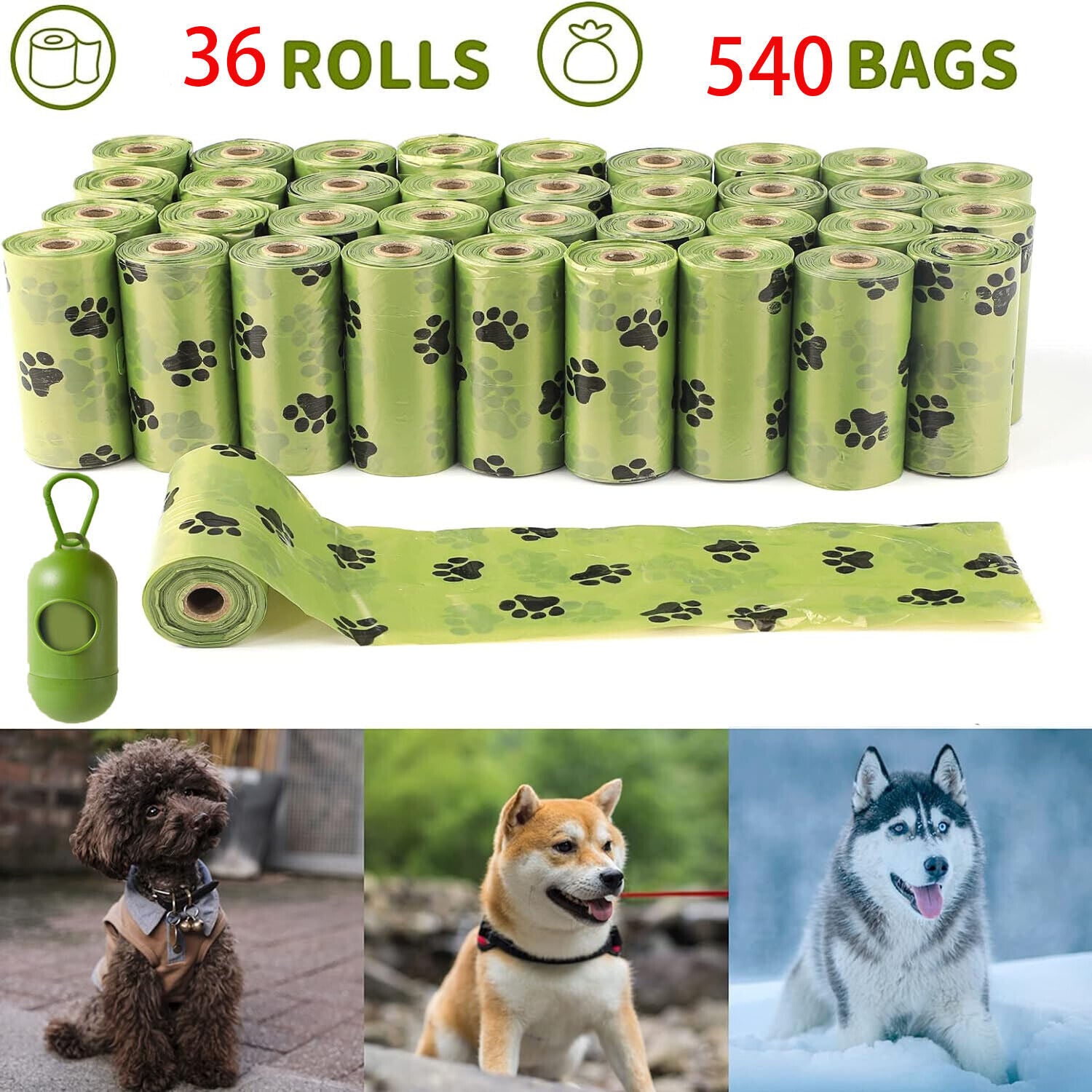 Dog waste bags with paw prints, green bag holder, and images of dogs on a white background.