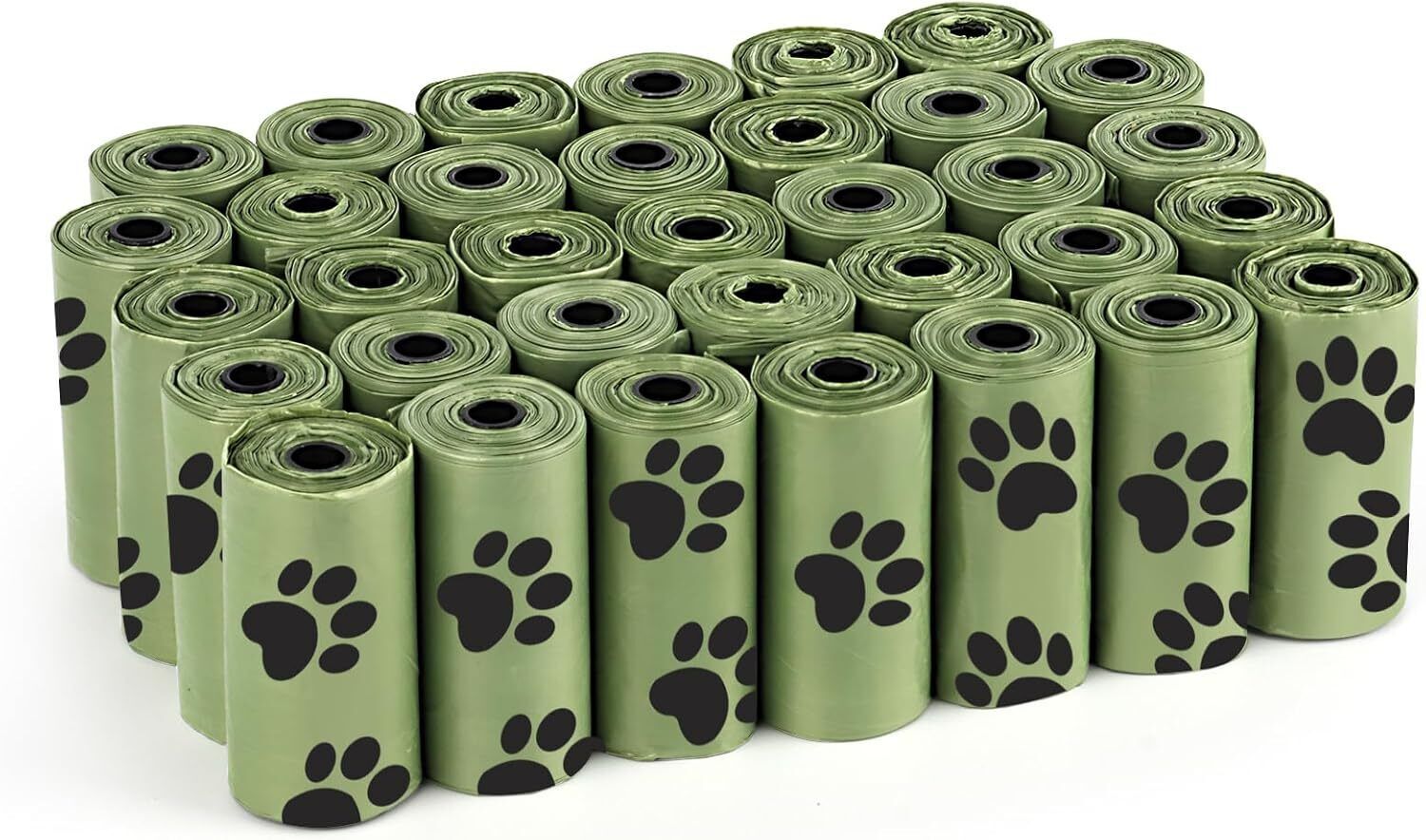 Multiple rolls of green pet waste bags with black paw prints on a white background