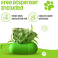Green pet waste bag dispenser with bags inside, featuring text and icons about its features.