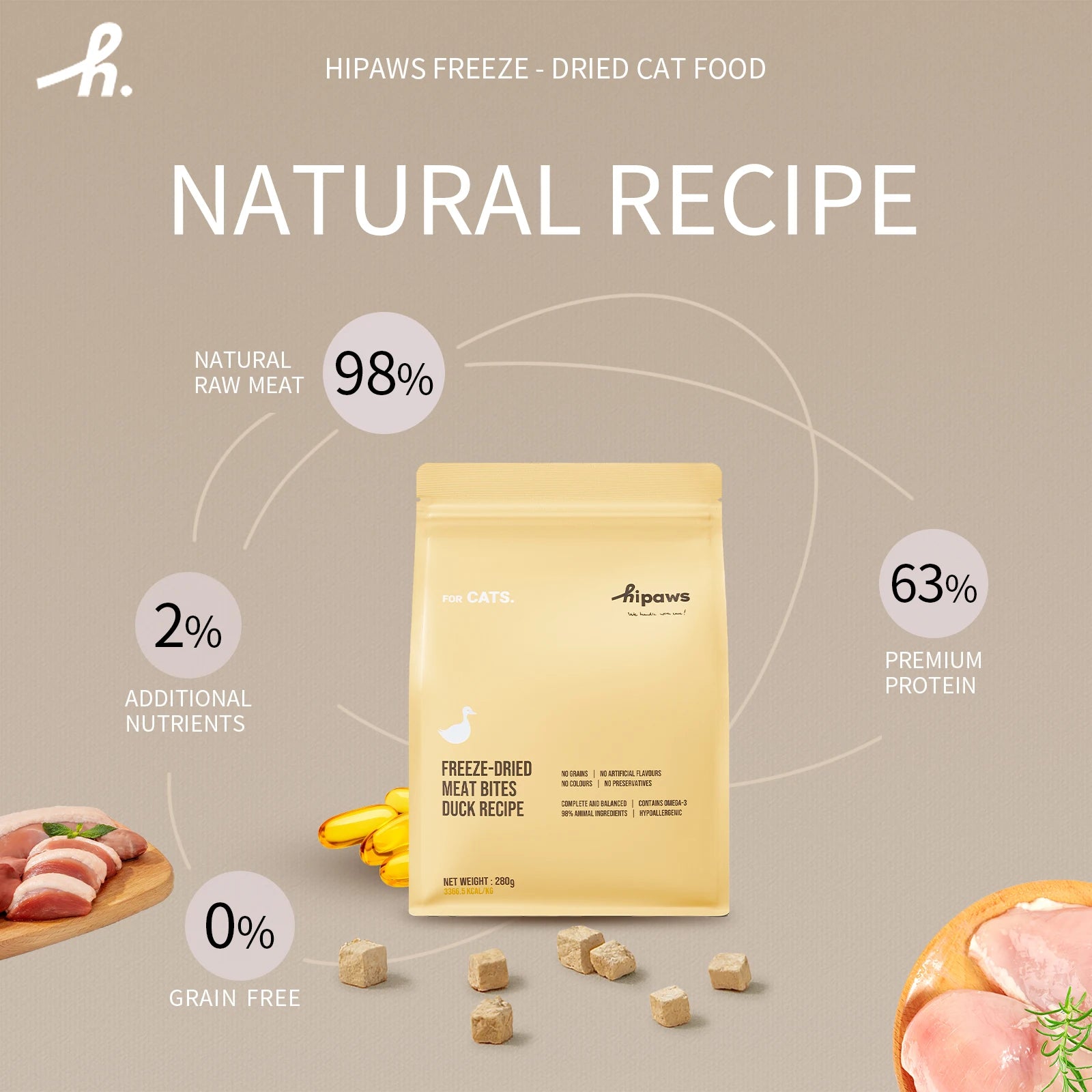 Hipaws freeze-dried cat food package with nutritional information on a beige background