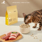 Cat eating from a bowl of freeze-dried cat food with a package labeled 'Hipaws Freeze' in the background.