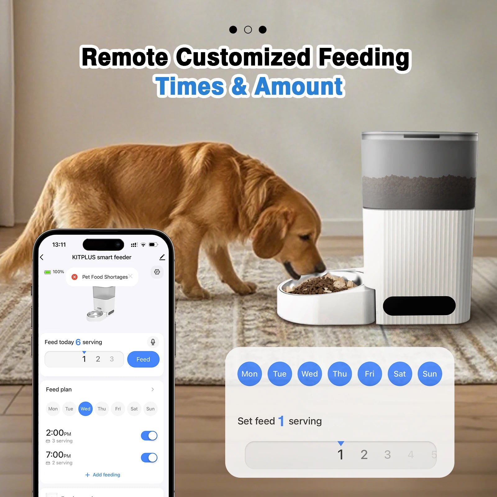 Dog eating from a smart feeder with a smartphone app interface displayed on a screen.