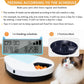 Pet feeding system with digital timer and food dish, accompanied by a cat.