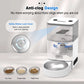 Pet feeder with anti-clog design features on a gray background