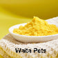 Yellow powder in a white bowl on a textured surface with a yellow background, branded 'Waita Pets'.