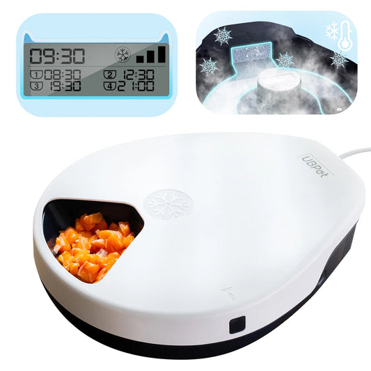 Pet food dispenser with digital timer and food compartment on a white background