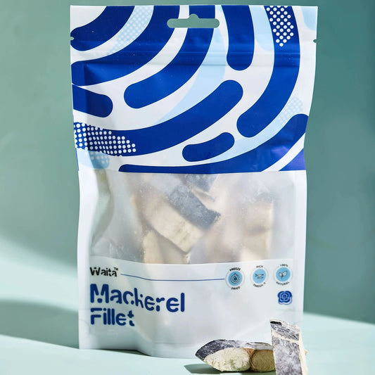 Packaged mackerel fillets with blue and white design on a light green background