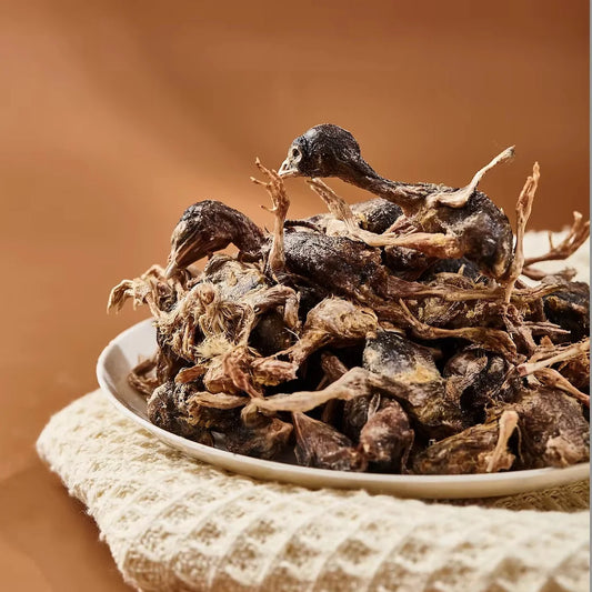 Dried mushrooms on a plate with a warm brown background