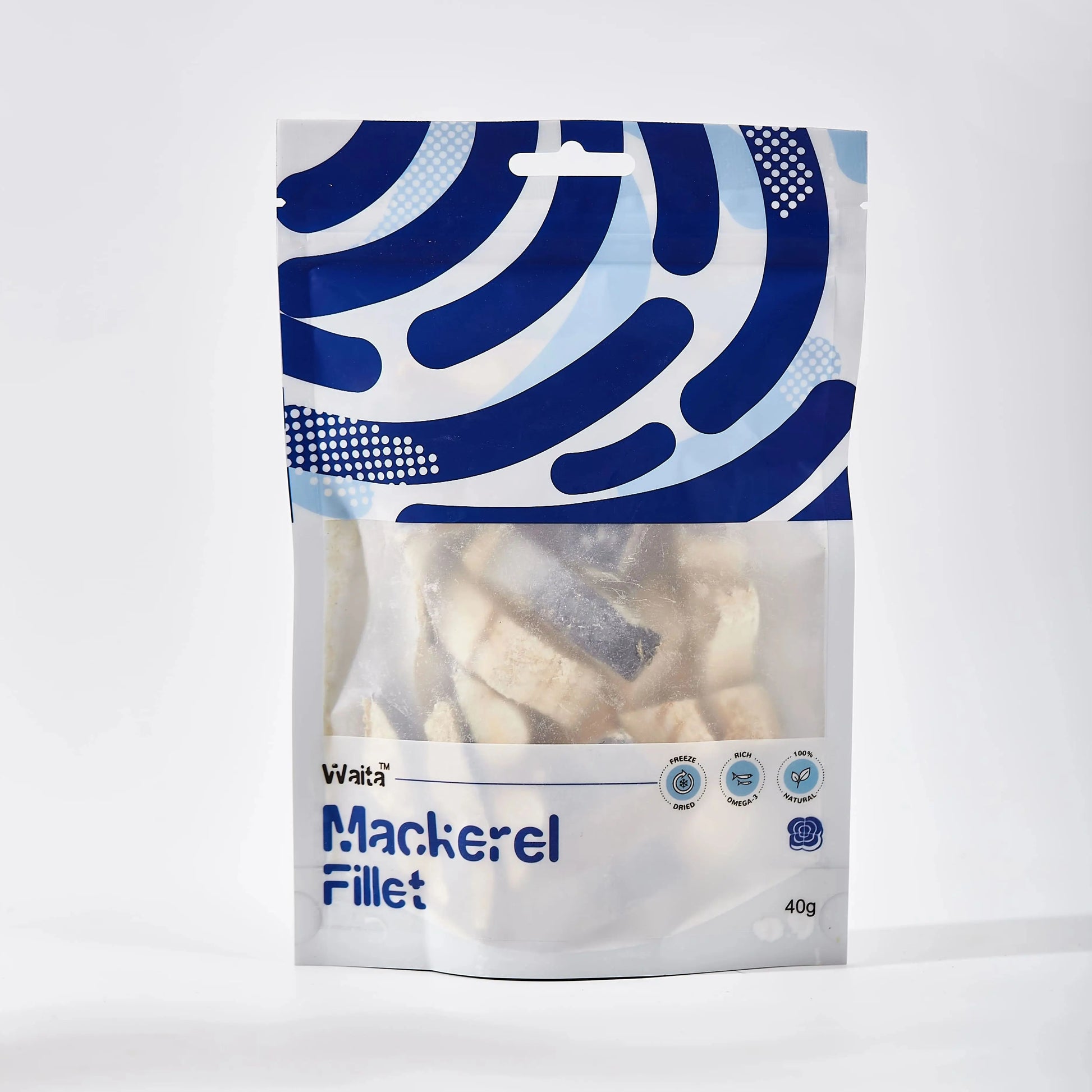 Packaged mackerel fillets with blue and white design on a white background
