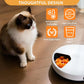 Cat sitting next to an automatic pet feeder with features highlighted on a wooden floor.