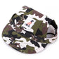 Camouflage-patterned dog harness with a brand label on a white background
