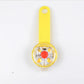 Yellow handheld device with a red button on a white background