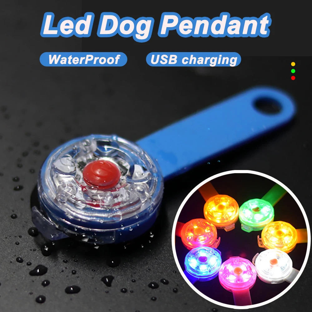 LED dog pendant with USB charging feature on a dark background