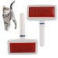 Two pet grooming brushes with red一面 and white handles, next to a gray cat on a white background.