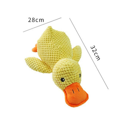 Crocheted duck toy with measurements on a white background