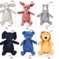 Set of six colorful plush toys with measurements and weights displayed.