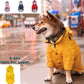 Dog wearing a yellow raincoat on a rainy street with inset images of other raincoats and a close-up of the coat's hole for a leash.