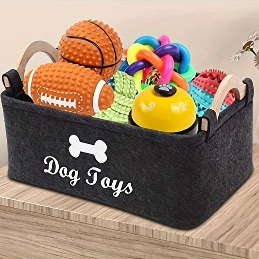 Felt Pet Toy Storage Box filled with colorful dog toys.