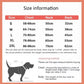 Size chart for dog coats with measurements in chest, neck, and back dimensions.