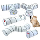 Cat toy tunnel with multiple tunnels and a cat interacting with it on a white background