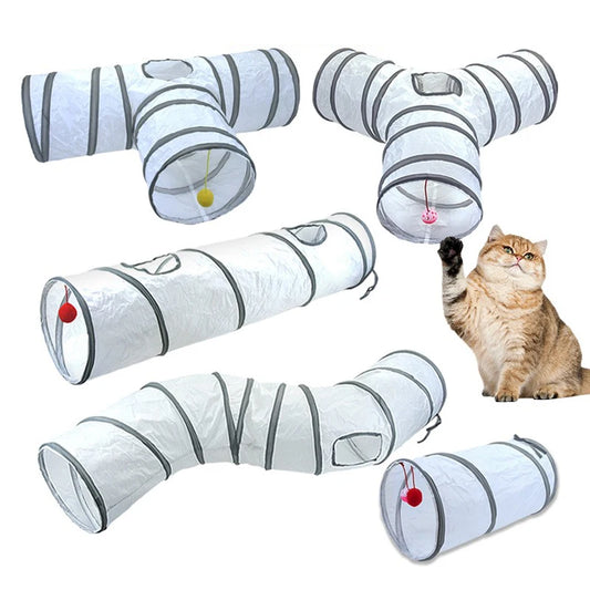 Cat toy tunnel with multiple tunnels and a cat interacting with it on a white background