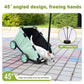 Pet stroller with a dog on a tiled pavement, highlighting features like an angled design and 360-degree rotating rod.