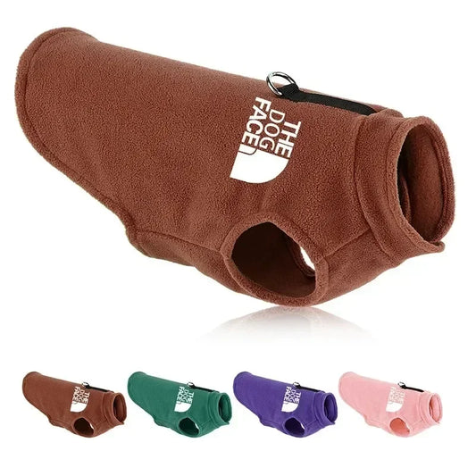 Brown fleece pet sweater for small dog in winter.