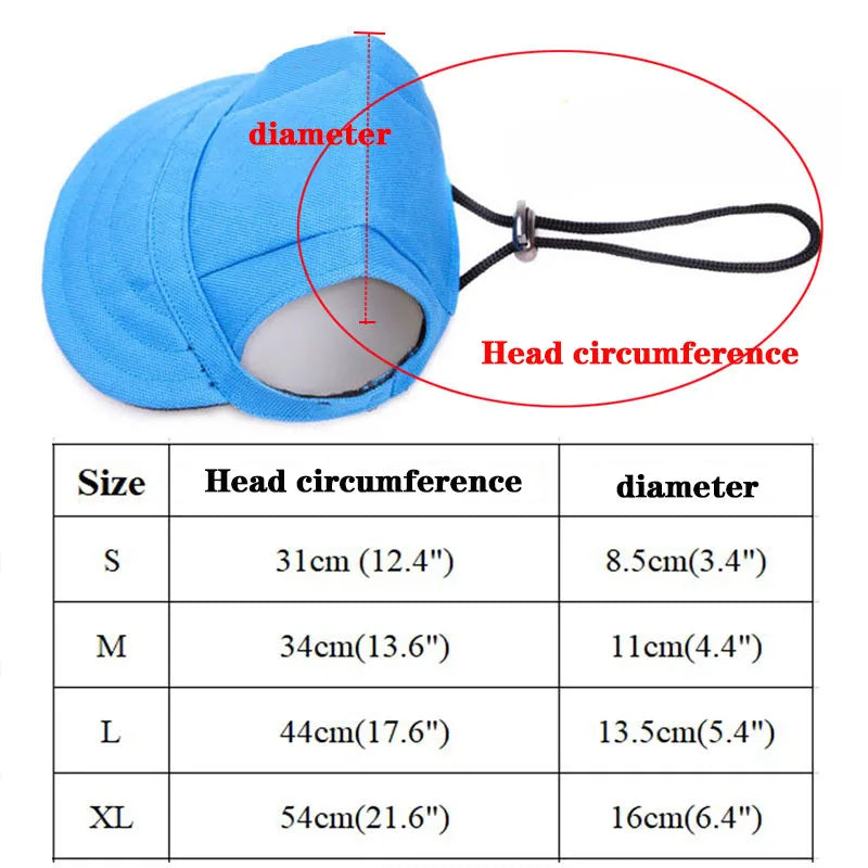 Blue head circumference measuring device with size chart on a white background