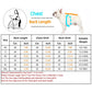 Dog clothing size chart with measurements and a dog wearing the garment.