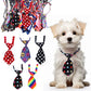 Dog wearing a colorful tie with various other ties displayed on a white background