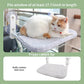Cat lounging on a fluffy cushion bed cover with measurements and product details.
