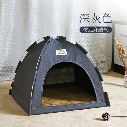 Pet tent on a wooden floor with a patterned curtain in the background