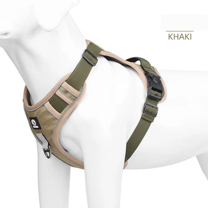 Breathable and durable materials of a reflective saddle harness."