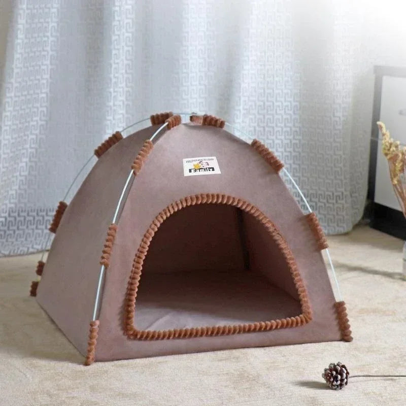 Pet tent with a label on a light-colored floor and curtain background