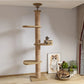 Cat tree with shelves and a cat sitting on it in a room with decor elements.