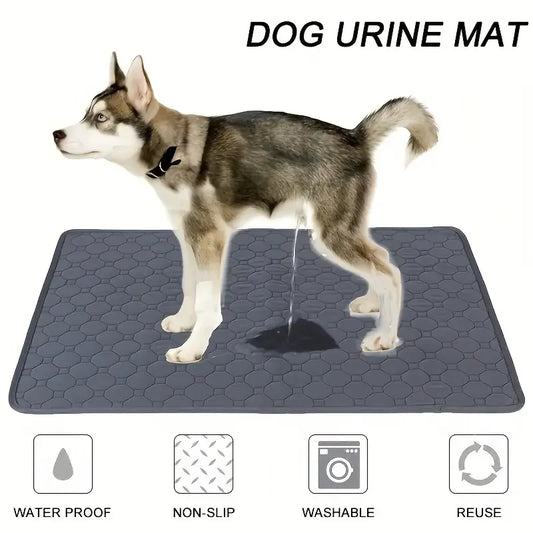 Washable dog diaper mat displayed in a living room, protecting the floor.