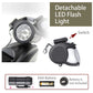 Detachable LED flashlight with switch and AAA battery on a white background