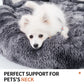 White dog on a gray fluffy pet bed with text 'Perfect Support for Pets' Neck'.