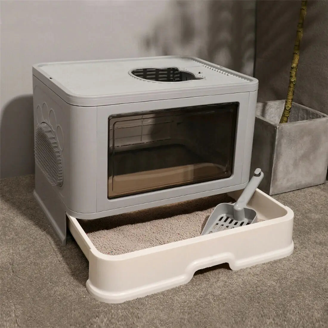 Grey and white plastic litter box