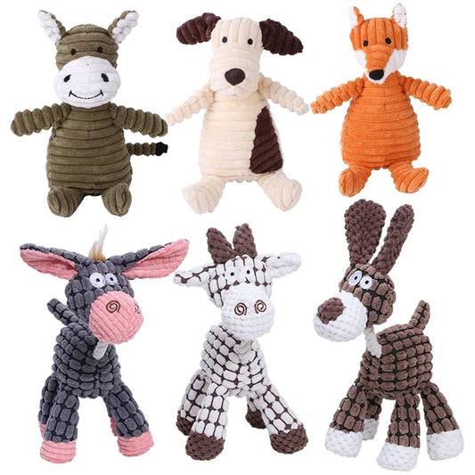 Set of six plush animal toys on a white background