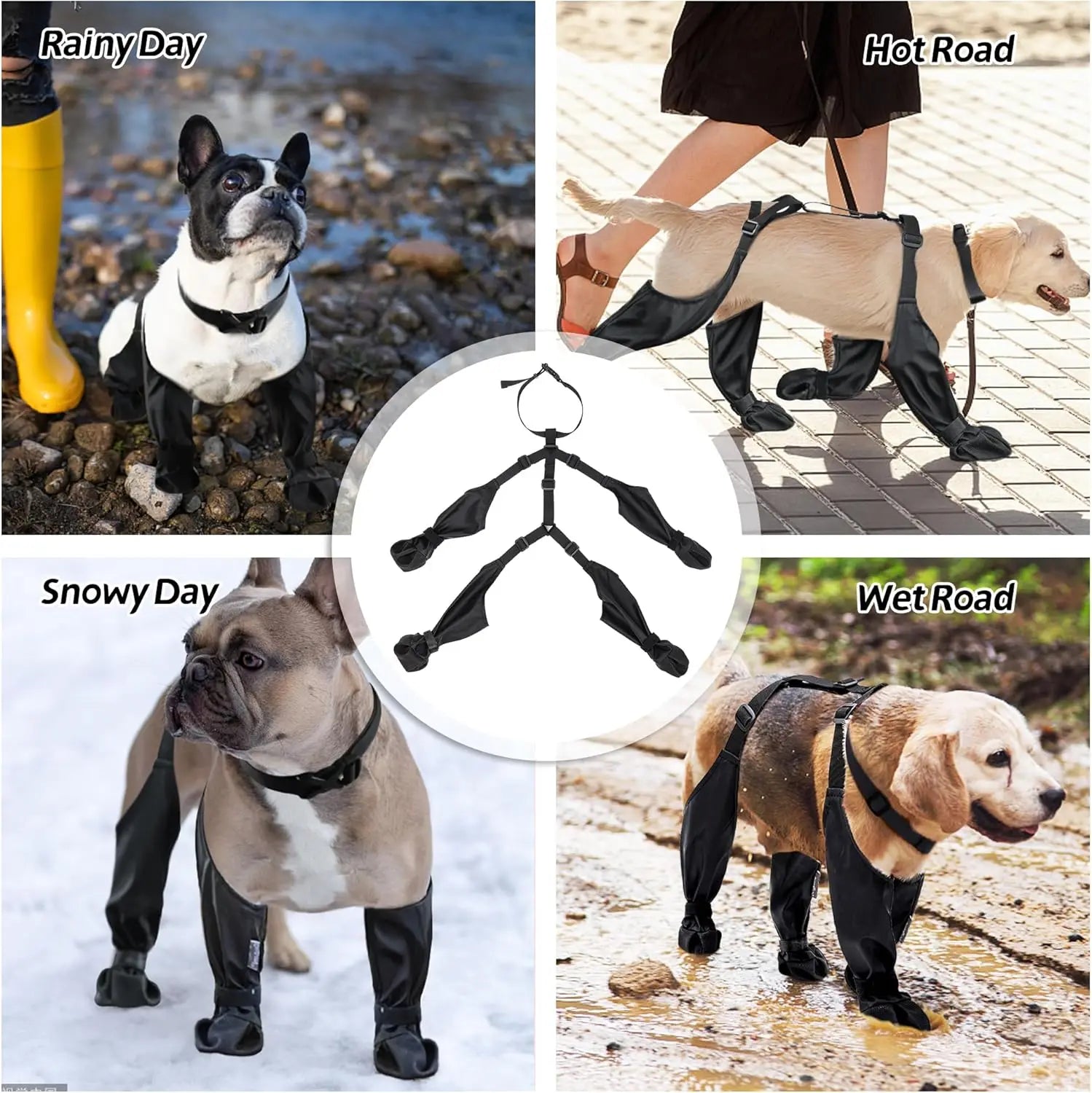 Dog boots for various weather conditions with images of dogs in different environments.