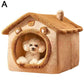Dog inside a cozy beige pet house with a brown roof on a white background