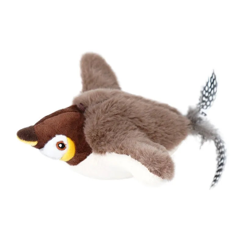 Cat toy with simulated bird sounds, showing interactive features.