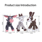Three donkey-shaped dog toys with measurements on a white background